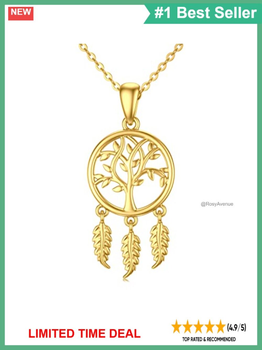 14K Gold Dream Catcher Necklace Tree of Life Pendant for Women Dainty Gift